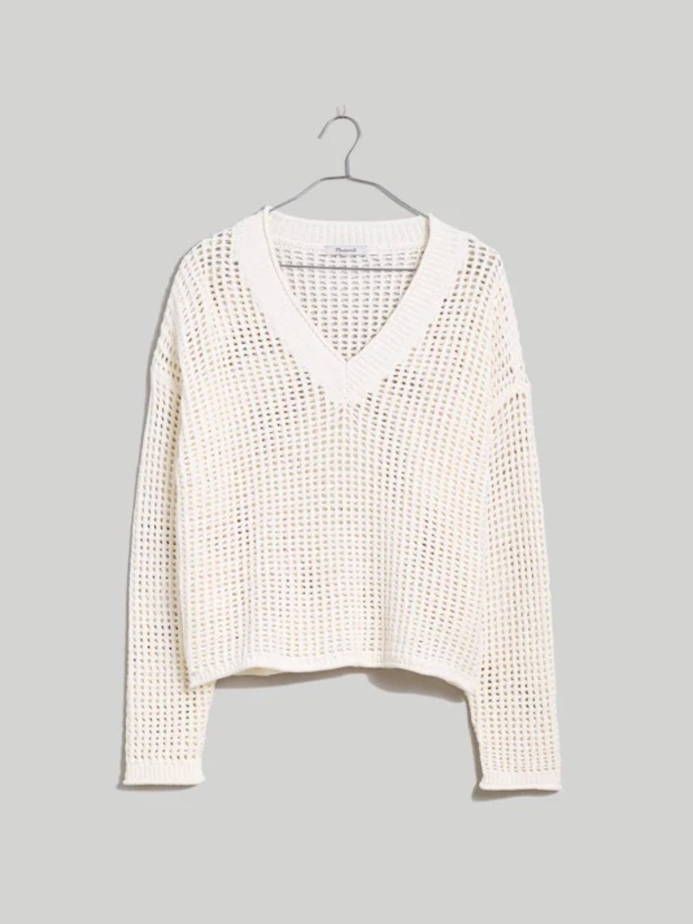 Open-Stitch V-Neck 100% Cotton Pullover Sweater